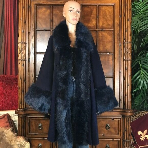 Aphratti Jackets & Blazers - Aphratti Navy Blue Faux Fur Luxe Cape Cardigan Topper